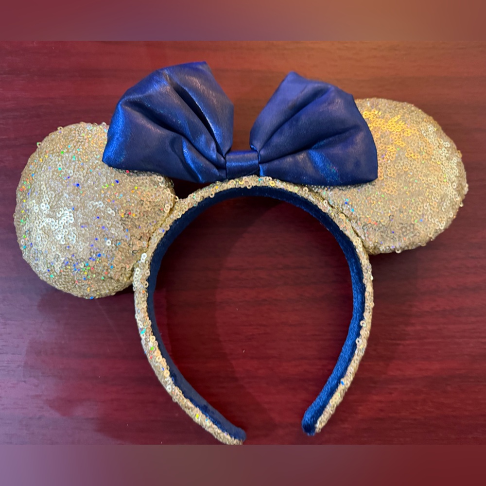 Disney Parks Gold Sequin Mouse Ears Headband with Blue Bow